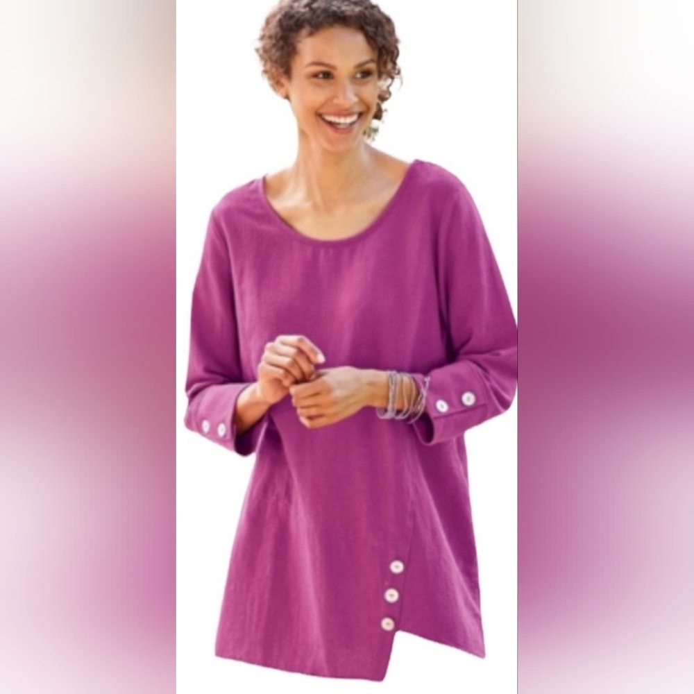 Soft Surroundings Fuchsia Gauze Artisan Woven Asymmetrical Tunic Top 3/4 Sleeve